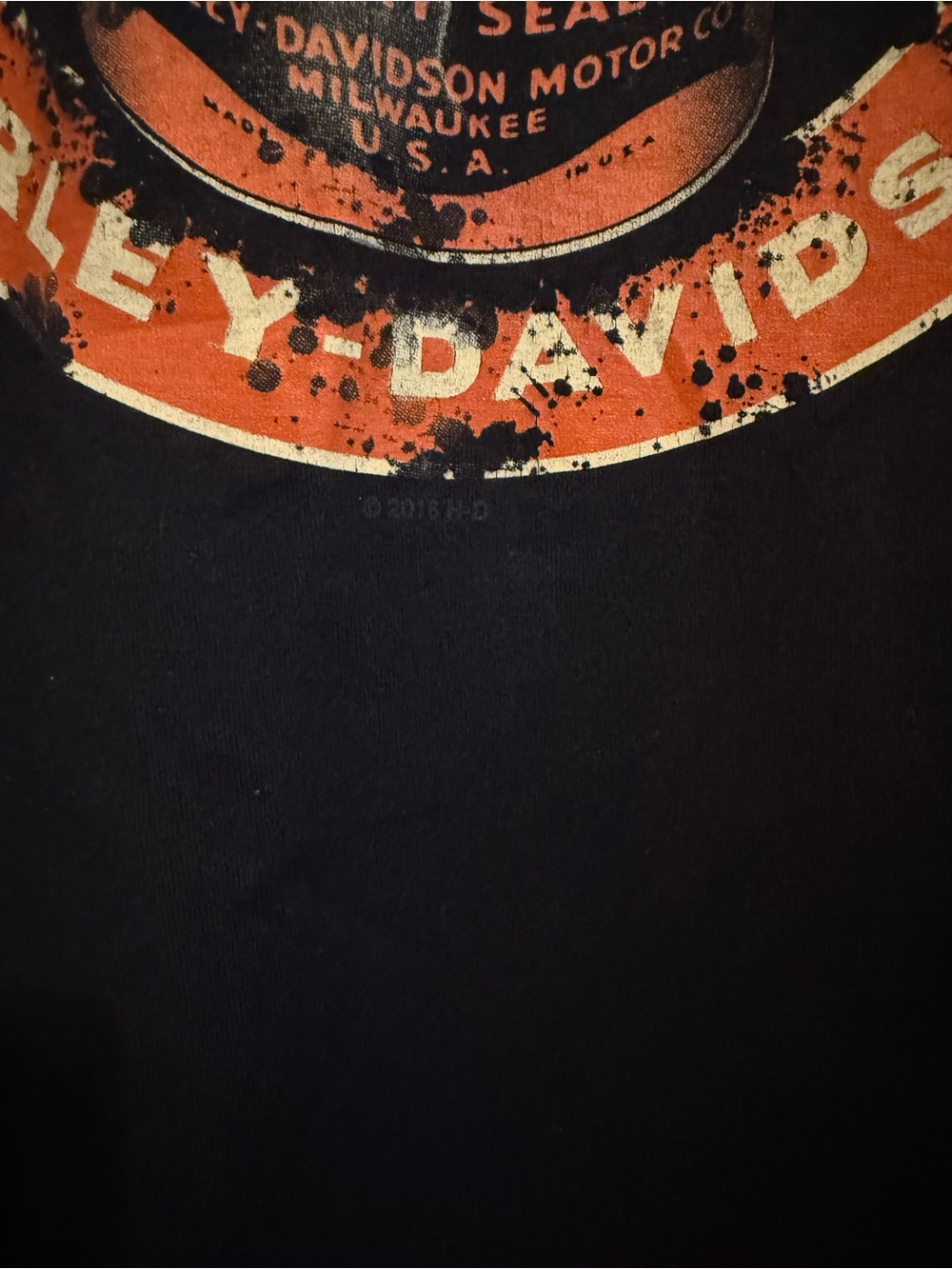 Harley-Davidson Black Tee with Orange & Cream Motor Oil Graphic - Picture 2 of 5